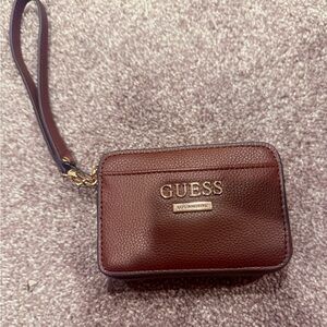 GUESS Oxblood Leather Wristlet Card Holder with Gold Accent